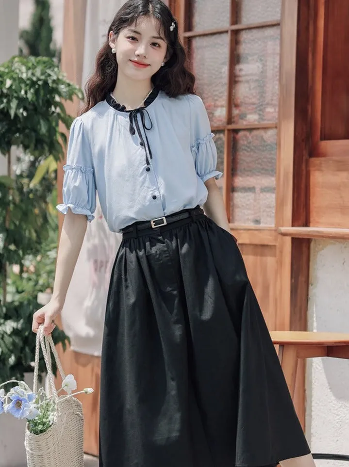 Lce Flared Long   Skirt Shirt Retro Summer Blue