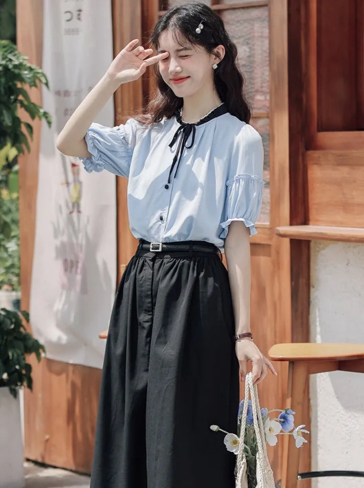Lce Flared Long   Skirt Shirt Retro Summer Blue
