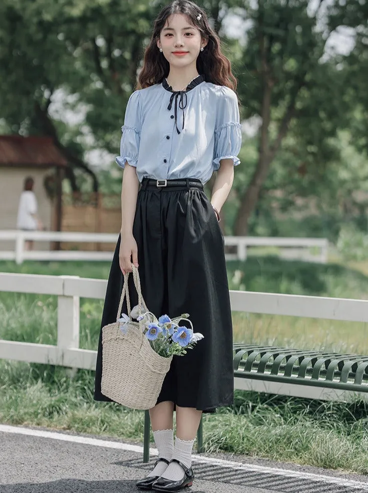 Lce Flared Long   Skirt Shirt Retro Summer Blue