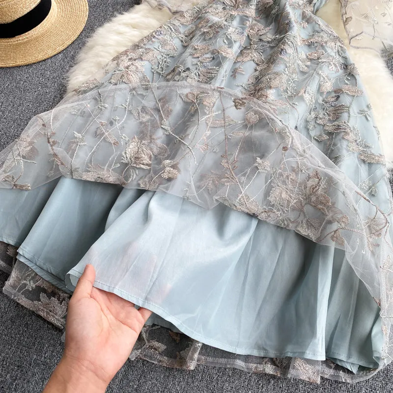 Light Blue Embroidered Mesh Dress