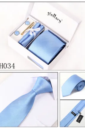 Light Sky Blue Tie Set Cuff Links 4 Pieces Many Colors #H034