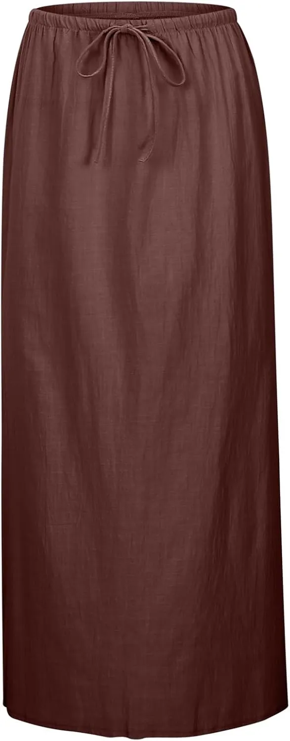 Linen Maxi Skirts for Women Trendy Flowy Boho Summer Skirt a Line Drawstring Long Skirt Vacation Bohomian Dress 2025