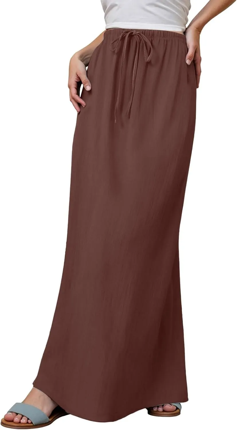 Linen Maxi Skirts for Women Trendy Flowy Boho Summer Skirt a Line Drawstring Long Skirt Vacation Bohomian Dress 2025
