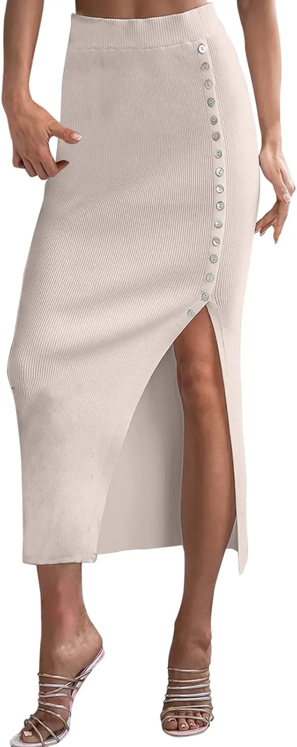 Long Skirts for Women Trendy with Split Button High Elastic Waist Slim Stretchy Workout Pencil Skirts for Ladies