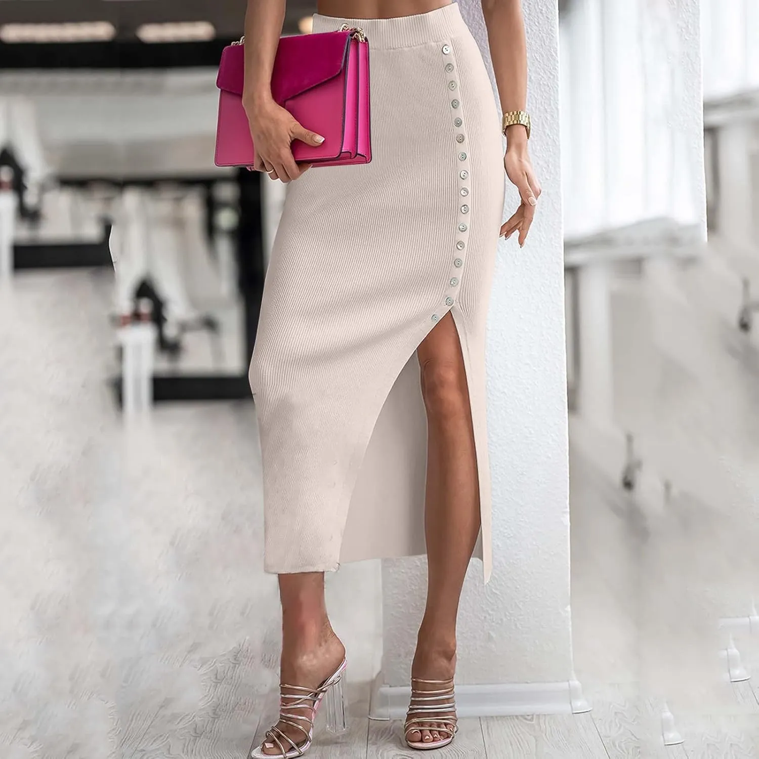 Long Skirts for Women Trendy with Split Button High Elastic Waist Slim Stretchy Workout Pencil Skirts for Ladies