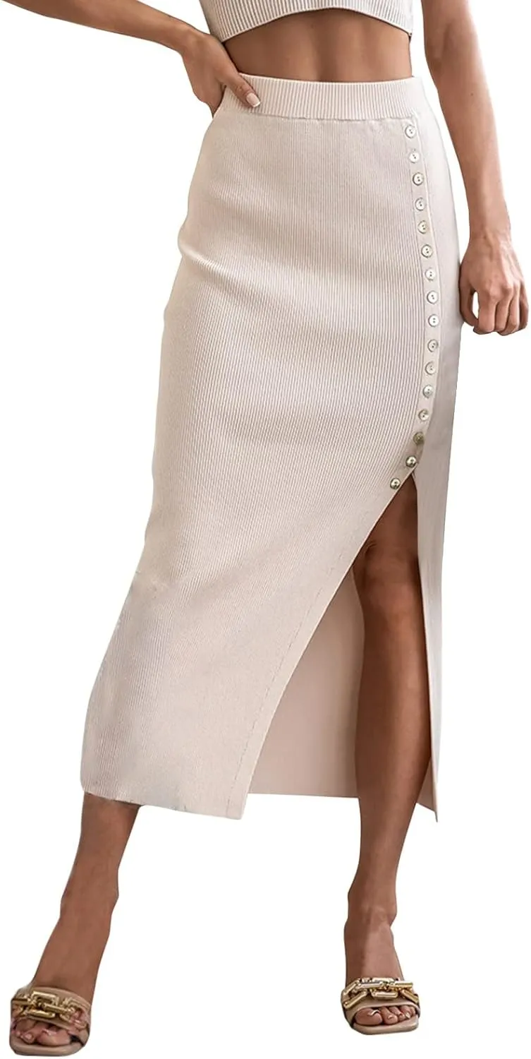 Long Skirts for Women Trendy with Split Button High Elastic Waist Slim Stretchy Workout Pencil Skirts for Ladies