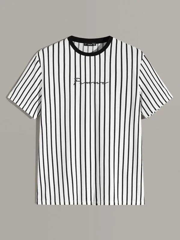 Men Vertical Striped & Letter Graphic Tee