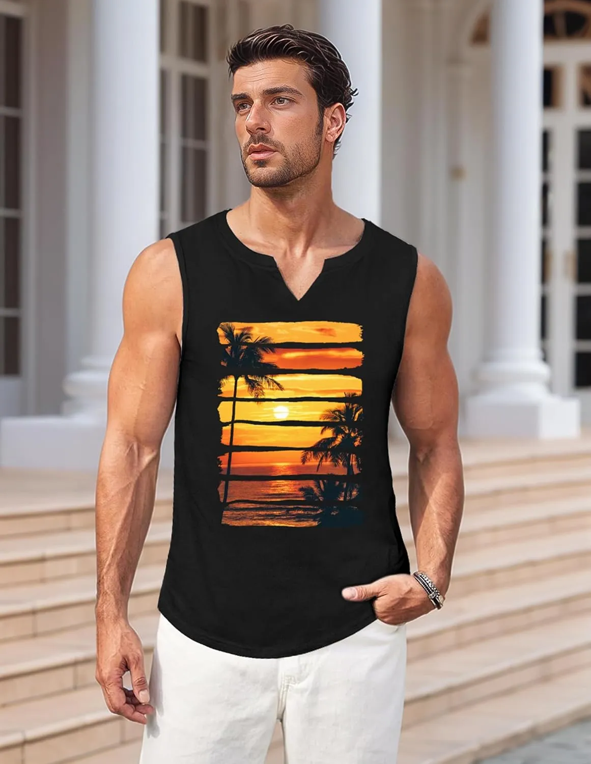 Mens Tank Top Men Graphic Shirts Letter Graphic Print Sleeveless V Neck Top Tank Tops Workout Muscle Tank Top