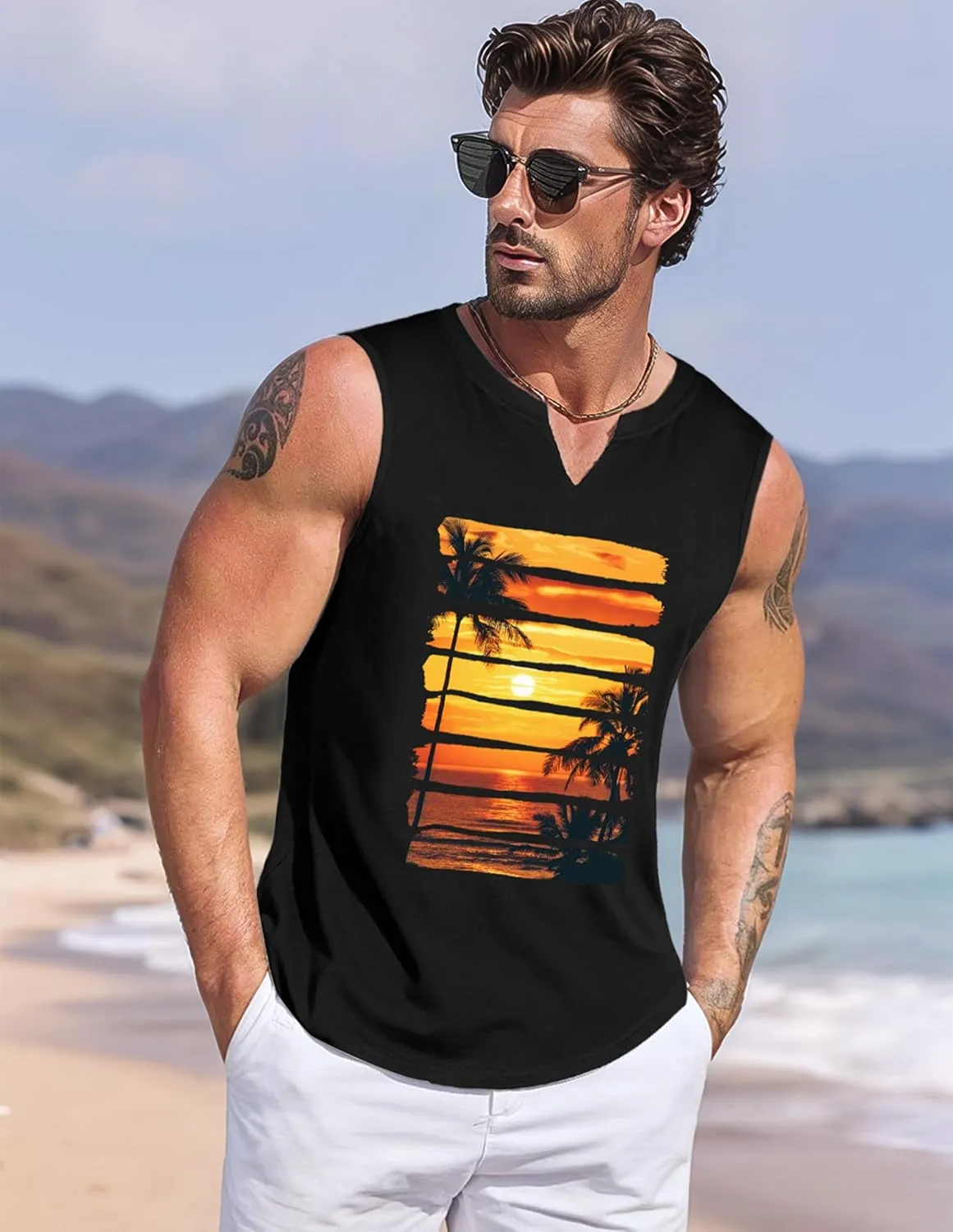 Mens Tank Top Men Graphic Shirts Letter Graphic Print Sleeveless V Neck Top Tank Tops Workout Muscle Tank Top