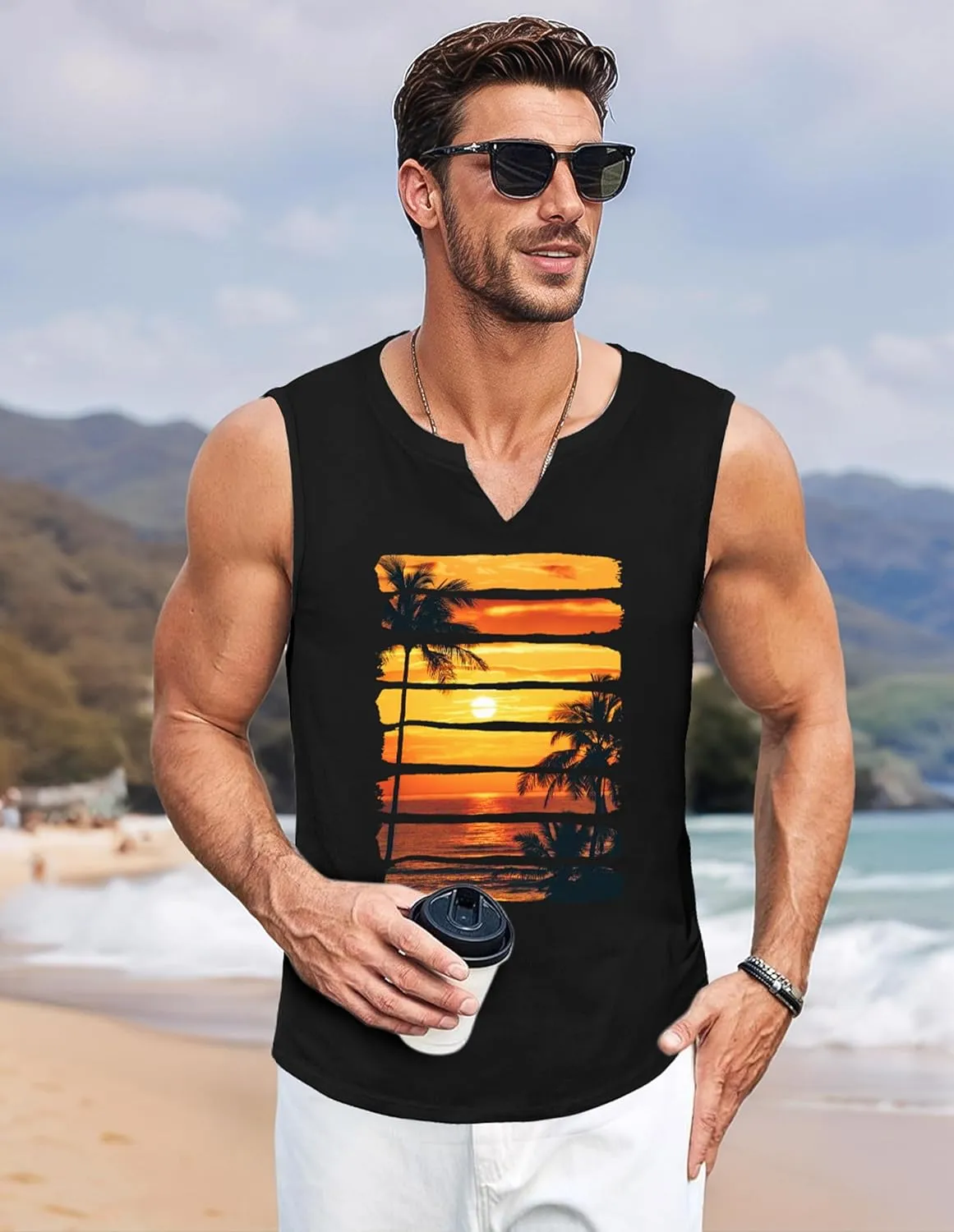 Mens Tank Top Men Graphic Shirts Letter Graphic Print Sleeveless V Neck Top Tank Tops Workout Muscle Tank Top