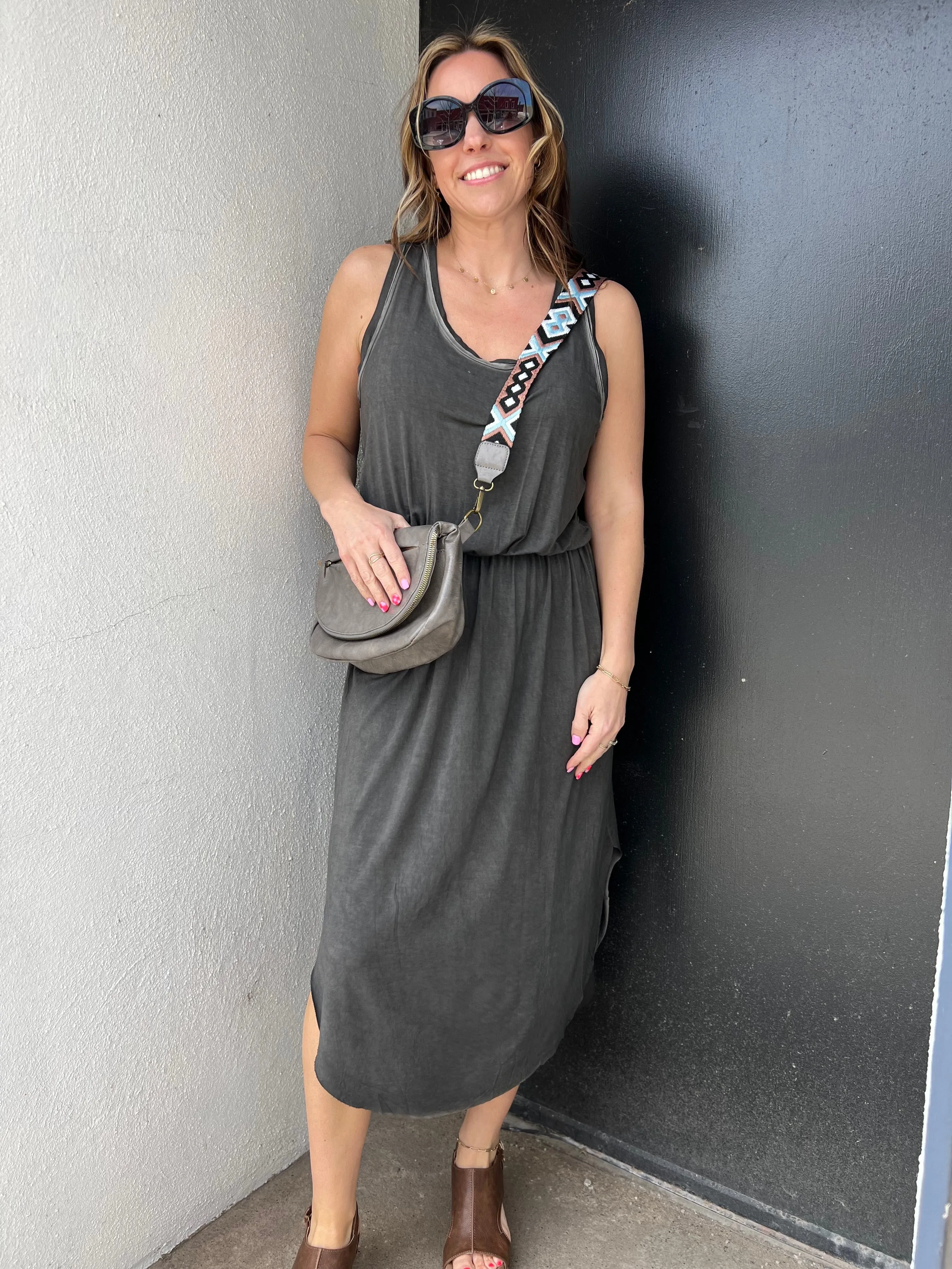 Mineral Washed Stretchy Side Slit Sleeveless Dress