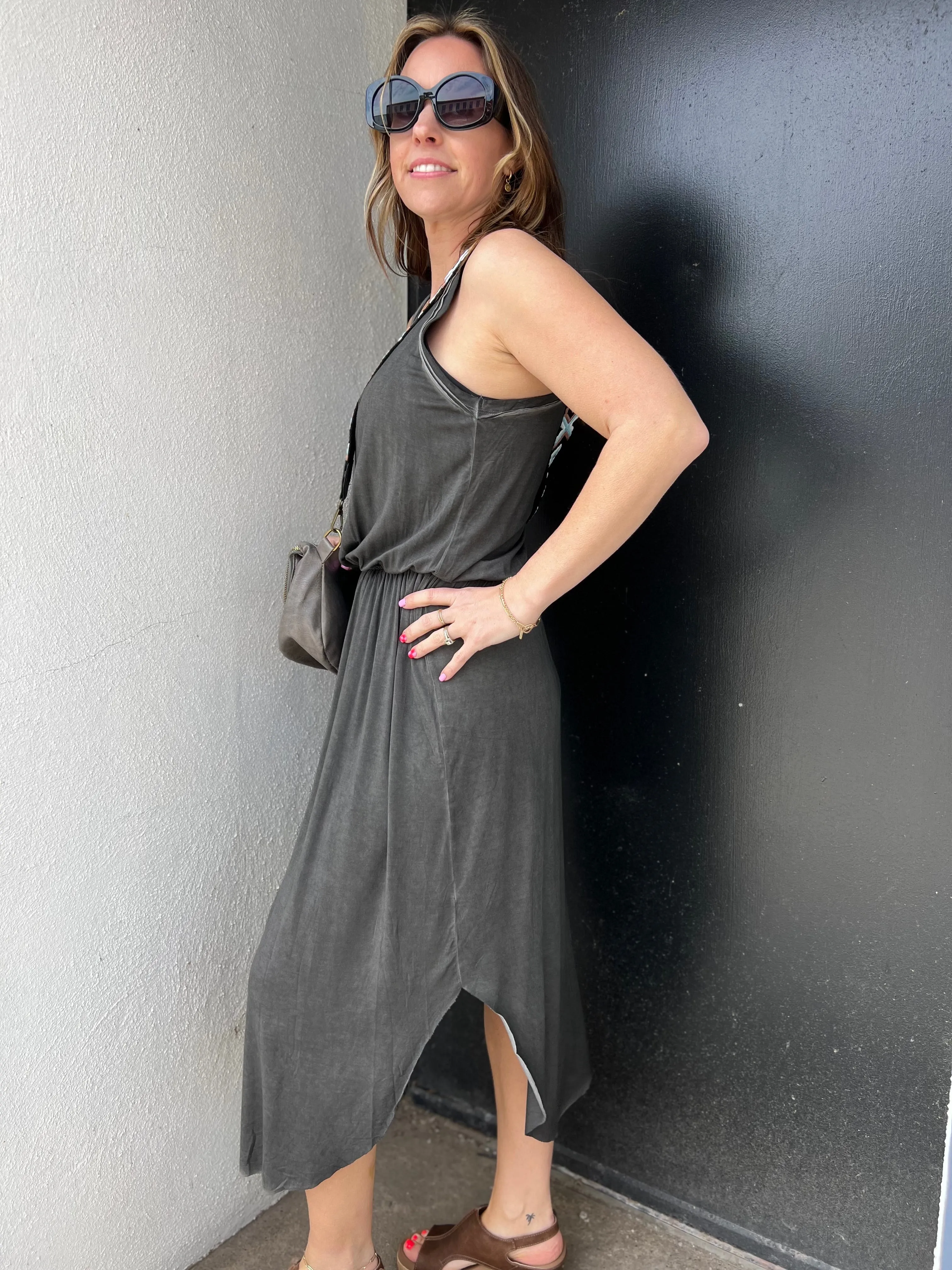 Mineral Washed Stretchy Side Slit Sleeveless Dress
