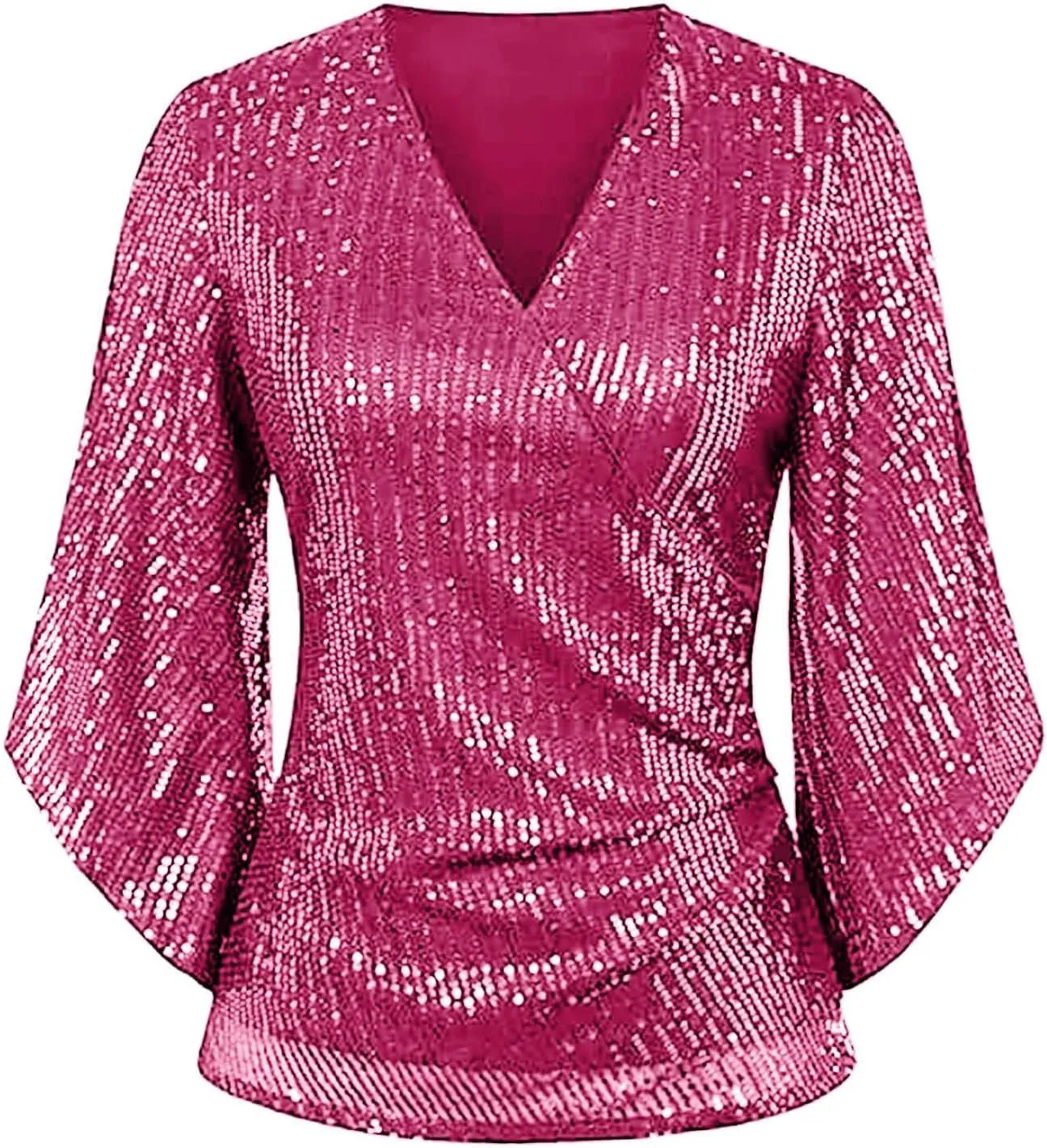 Miyaomn Women's Sequin Tops 3/4 Bell Sleeve Glitter Sparkly Party Blouse Ladies Elegant V-Neck Dressy Shirt for Evening Party