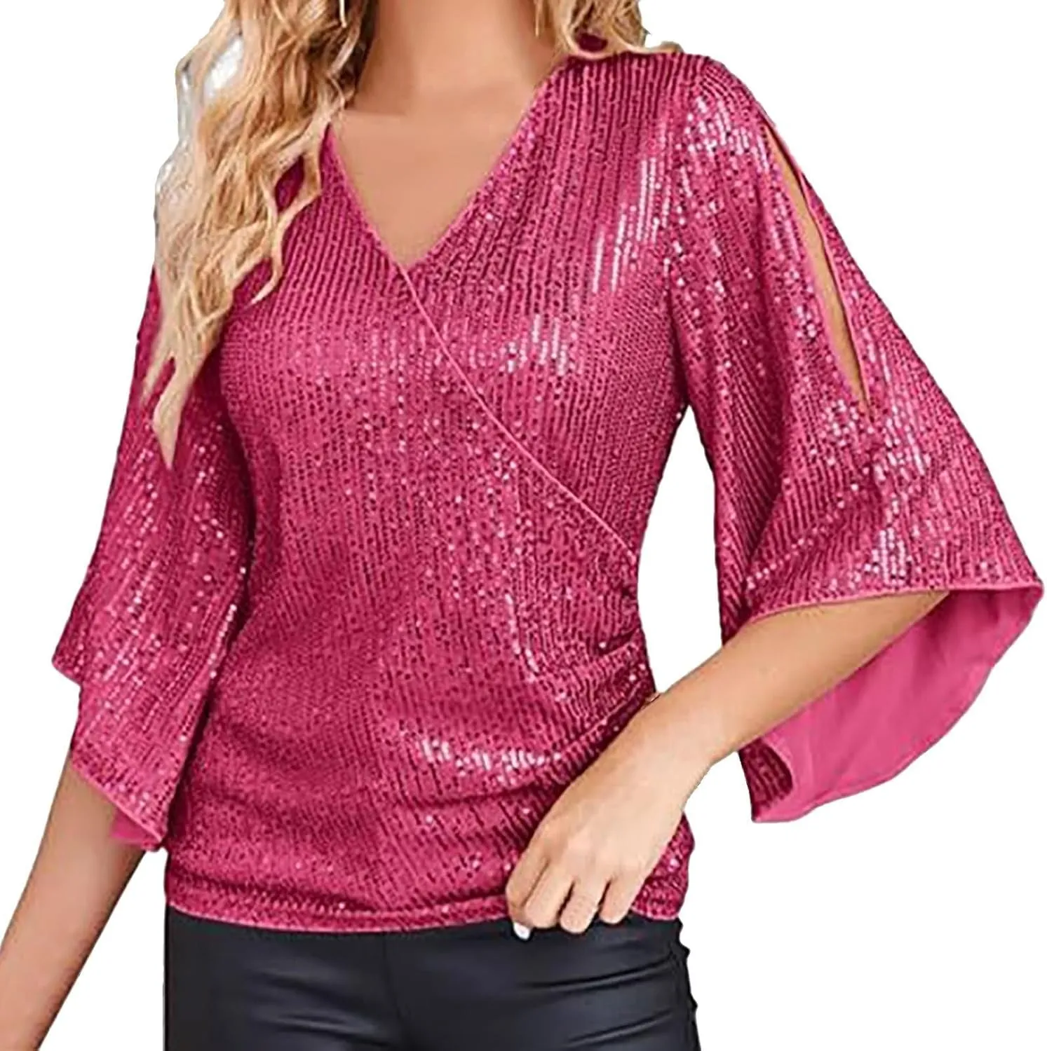 Miyaomn Women's Sequin Tops 3/4 Bell Sleeve Glitter Sparkly Party Blouse Ladies Elegant V-Neck Dressy Shirt for Evening Party