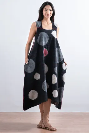 PATCH & CIRCLE PRINT KANTHA TENT DRESS - pc2413-blk -