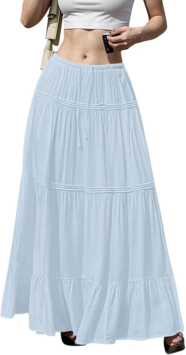 Pleated Linen Skirts for Women Summer Casual Elastic High Waisted Long Skirts A-Line Flowy Swing Maxi Skirt with Pockets