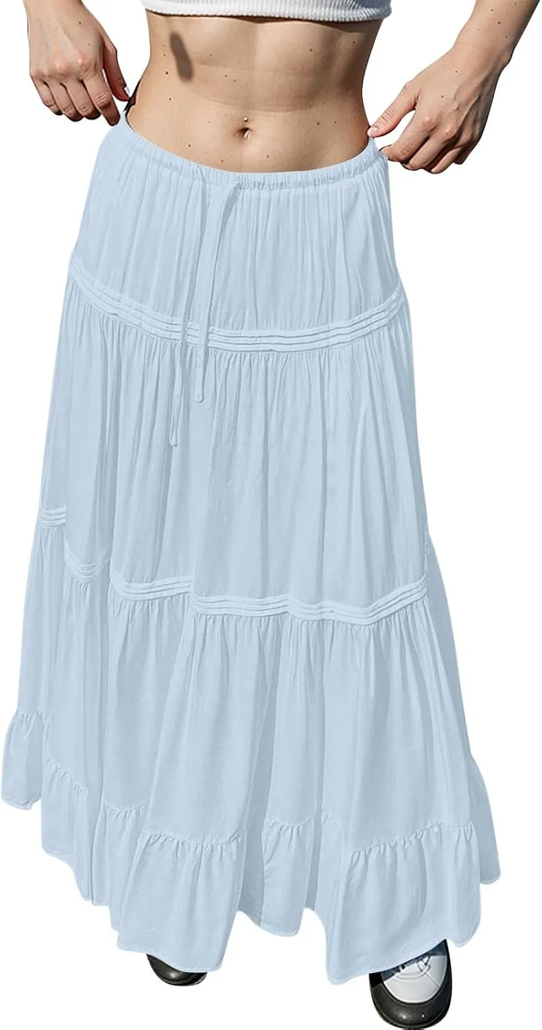 Pleated Linen Skirts for Women Summer Casual Elastic High Waisted Long Skirts A-Line Flowy Swing Maxi Skirt with Pockets