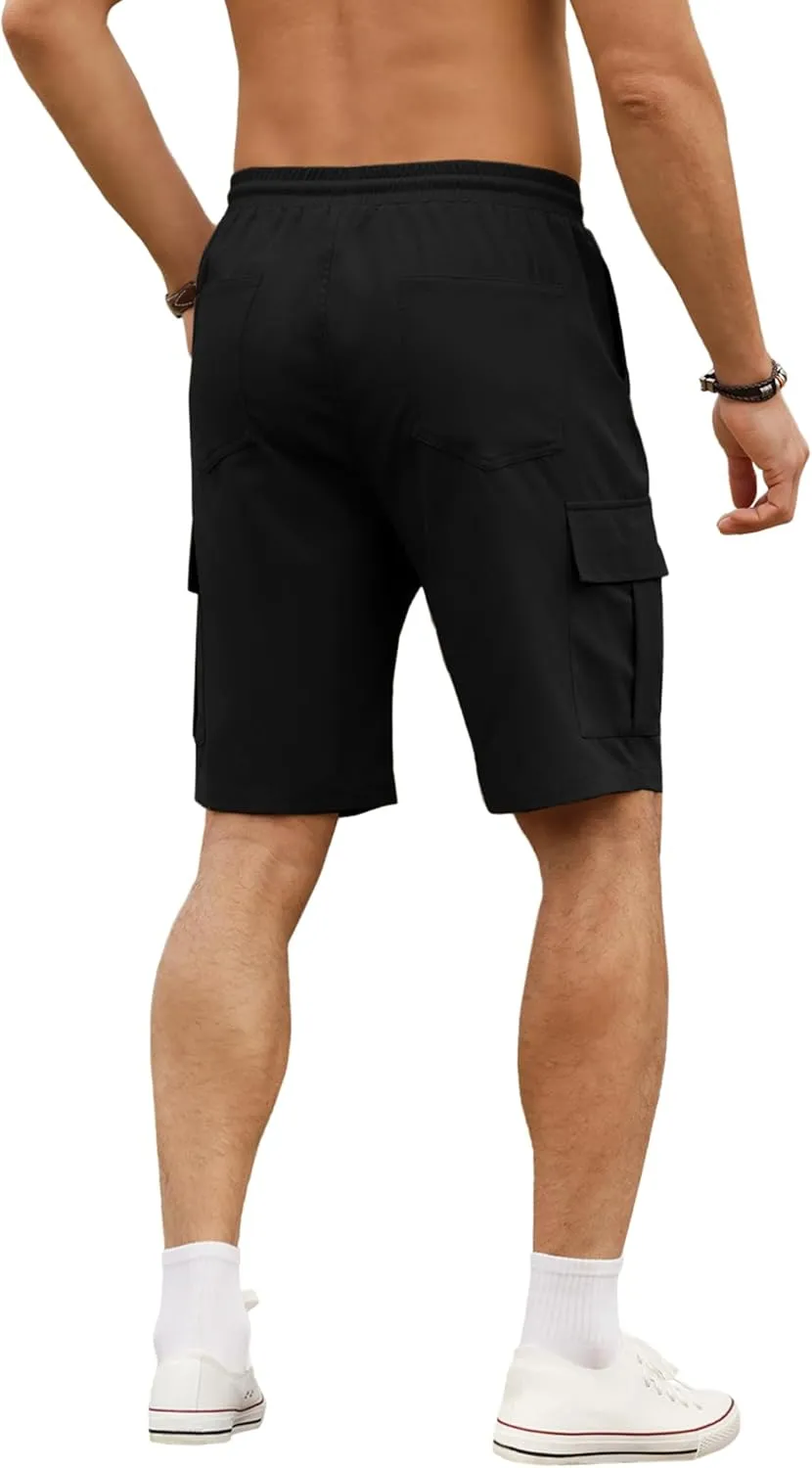 PLEPAN Men's Casual Cargo Shorts Classic Stretch Waist Drawstring Outdoor Work Shorts with 6 Pockets