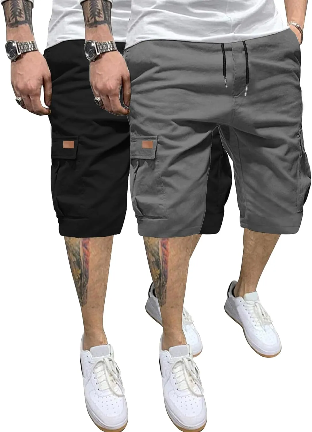 PLEPAN Men's Casual Cargo Shorts Classic Stretch Waist Drawstring Outdoor Work Shorts with 6 Pockets