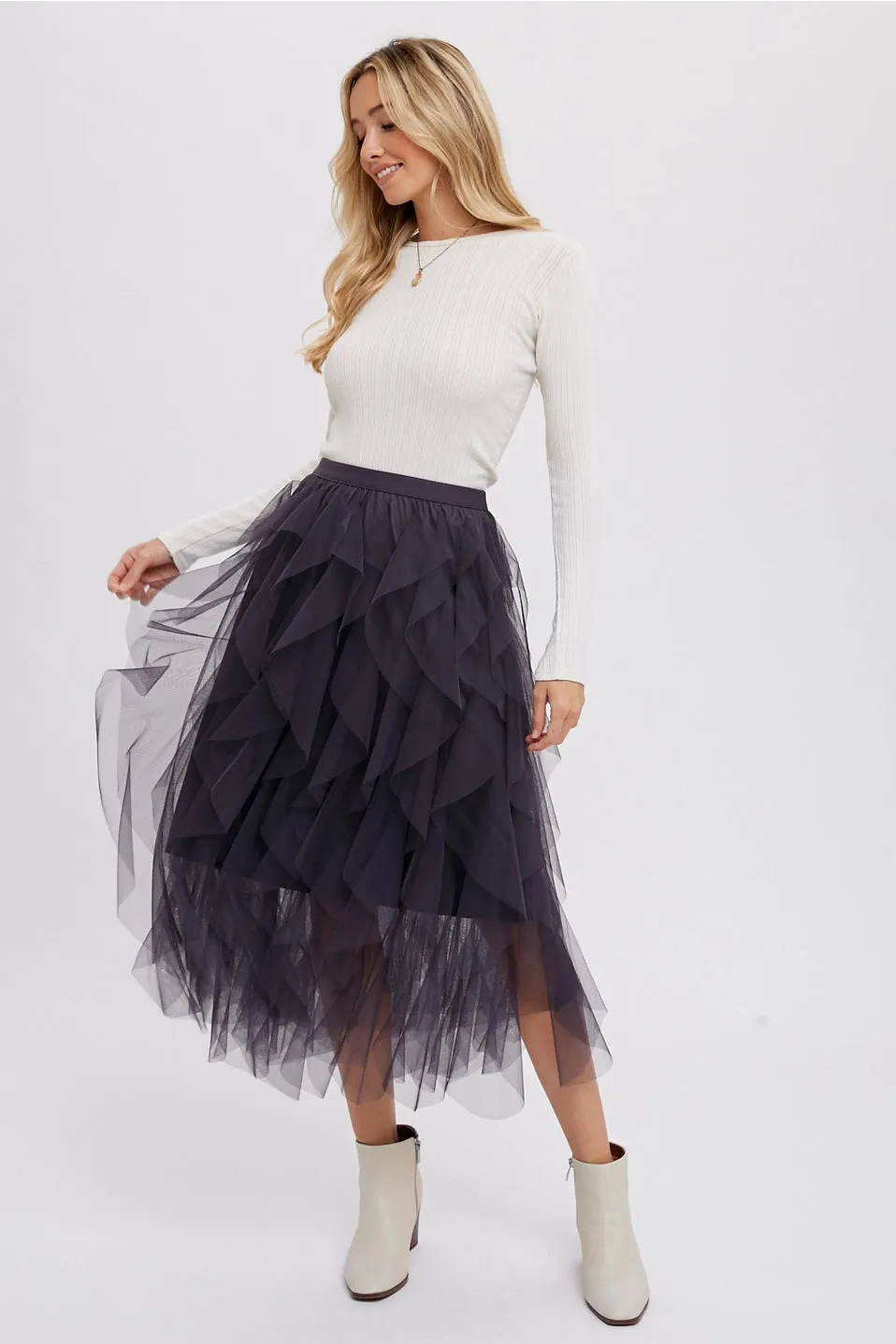 RUFFLED TULLE MIDI SKIRT