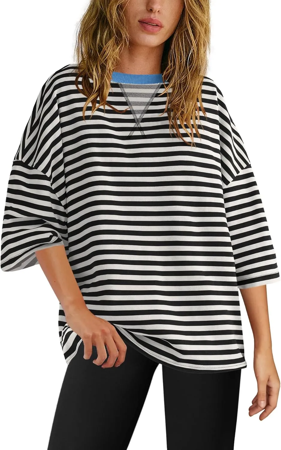 SENSERISE Womens Summer Tops Short Sleeve Sweatshirt Crewneck Striped T Shirt Oversized Basic Tees Casual Loose Fit