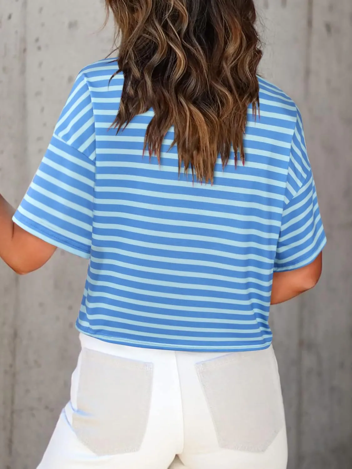 SOFIA'S CHOICE Women's Striped Crop Top Loose Fit Summer Casual Short Sleeve T Shirt