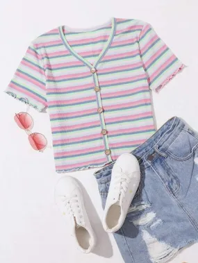 Striped Lettuce Button Front Trim Tee