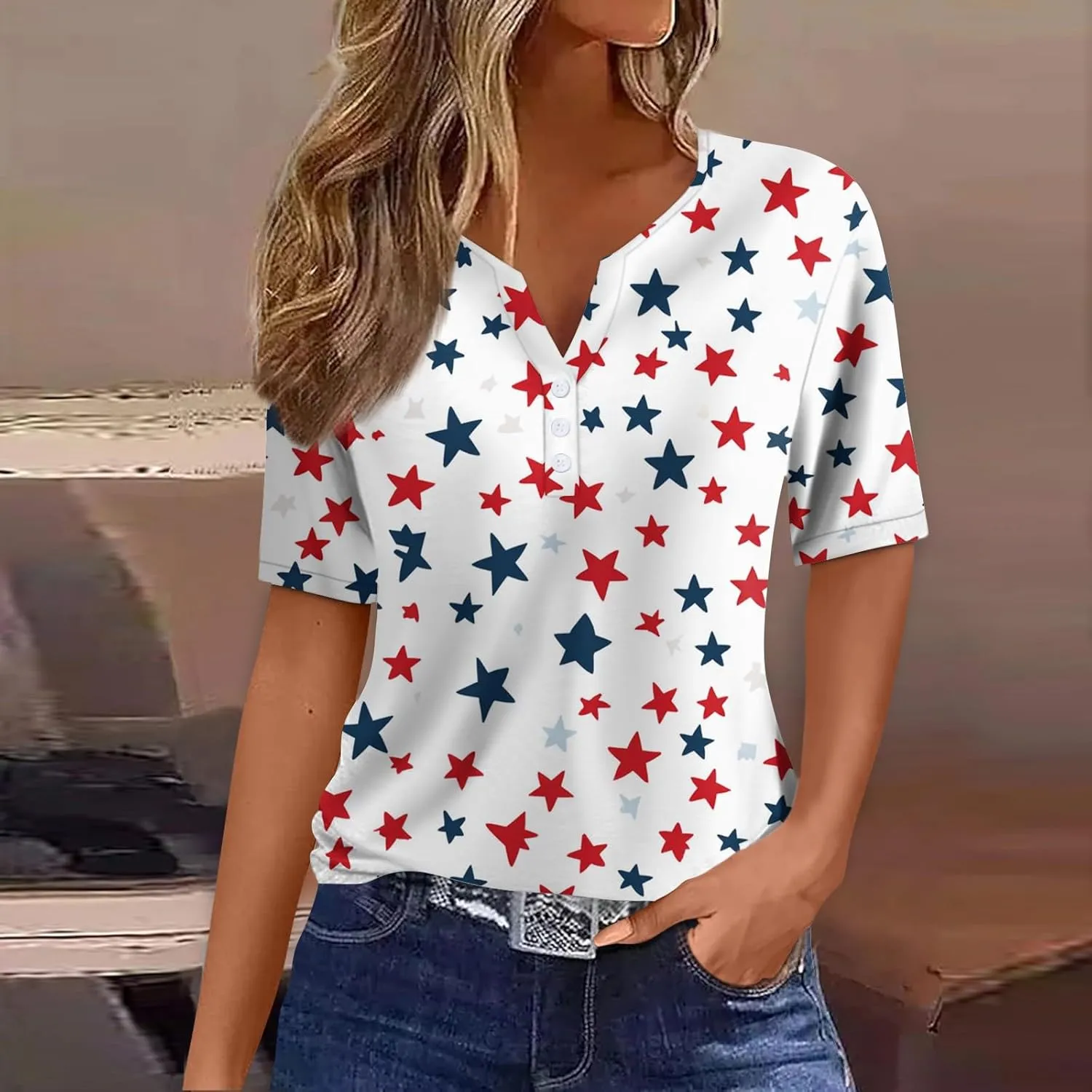 Summer Tops for Women Patriotic Star- V Neck Short Sleeve Shirts USA Flag Print Casual Blouse for Independence Day