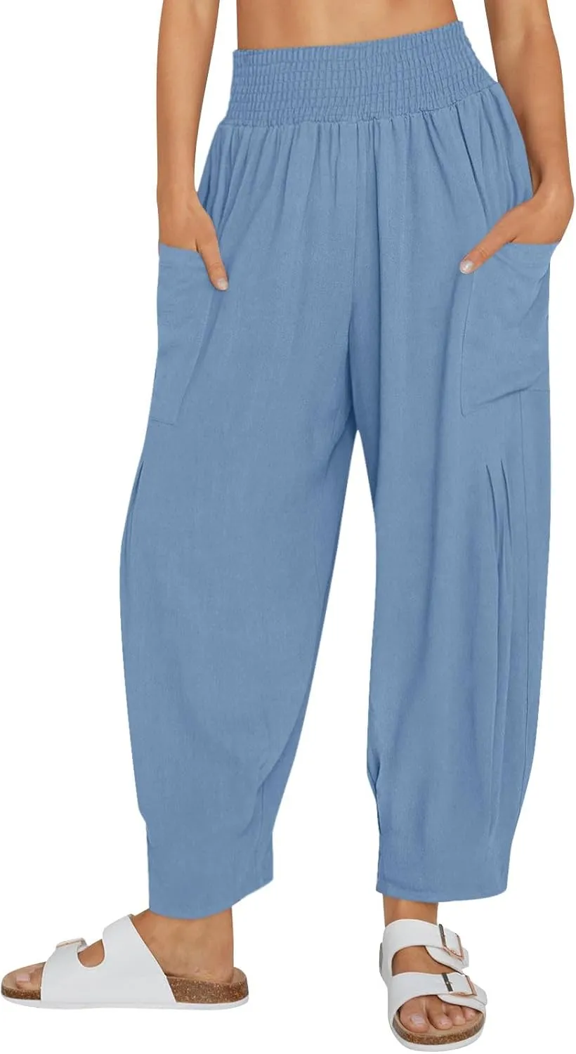 TANGNADE Womens Linen Pants with Pockets Summer Loose Elastic High Waisted Comfy Summer Trousers Baggy Pant