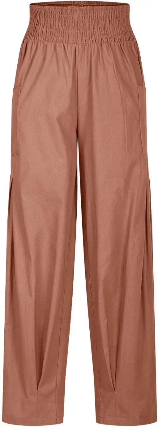 TANGNADE Womens Linen Pants with Pockets Summer Loose Elastic High Waisted Comfy Summer Trousers Baggy Pant