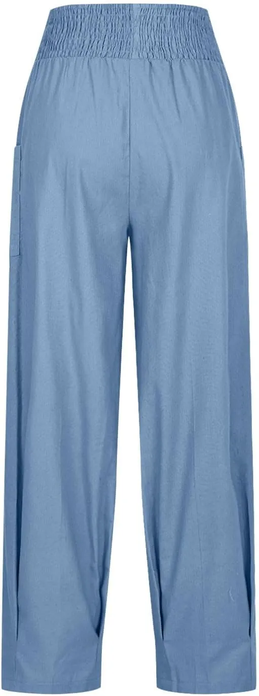 TANGNADE Womens Linen Pants with Pockets Summer Loose Elastic High Waisted Comfy Summer Trousers Baggy Pant