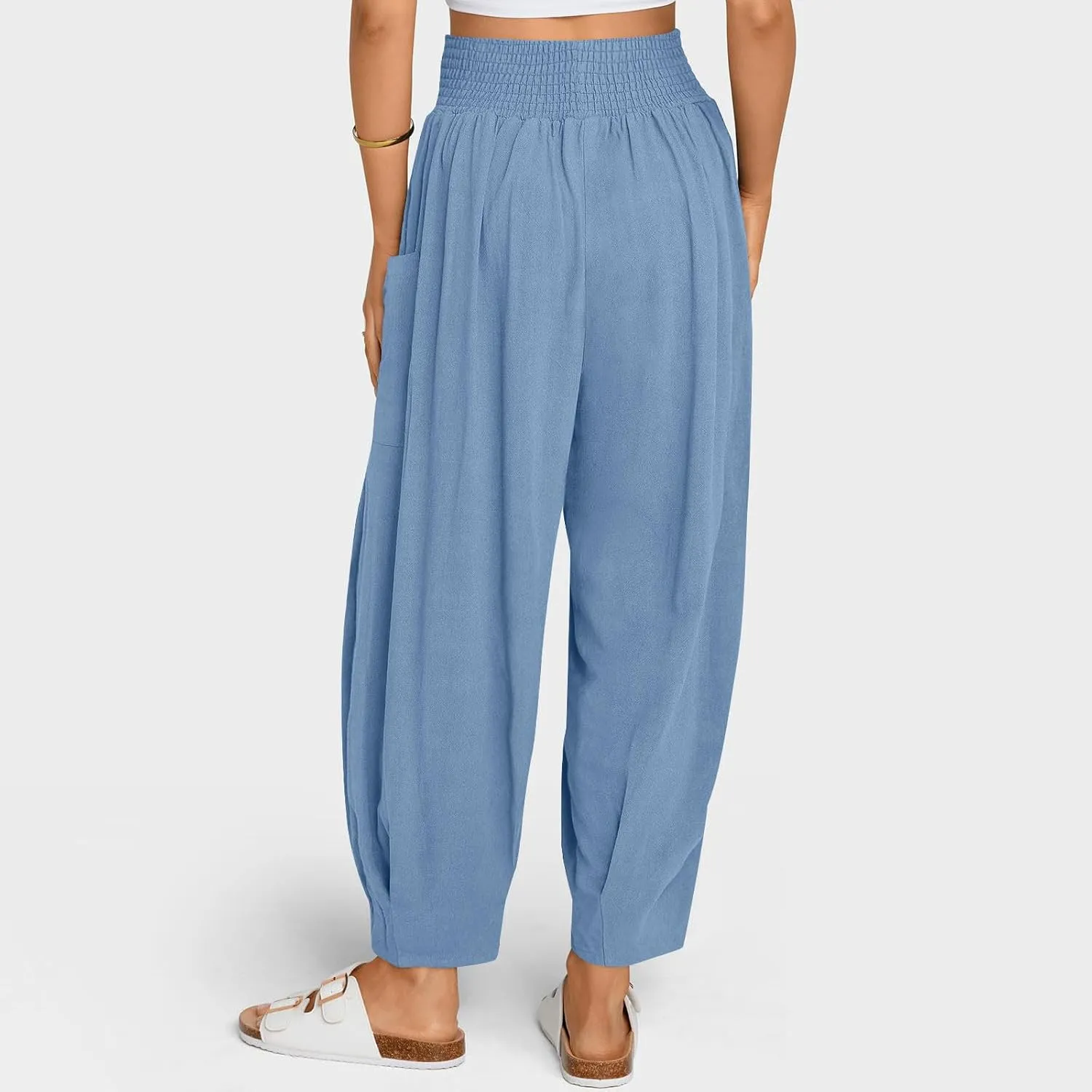 TANGNADE Womens Linen Pants with Pockets Summer Loose Elastic High Waisted Comfy Summer Trousers Baggy Pant