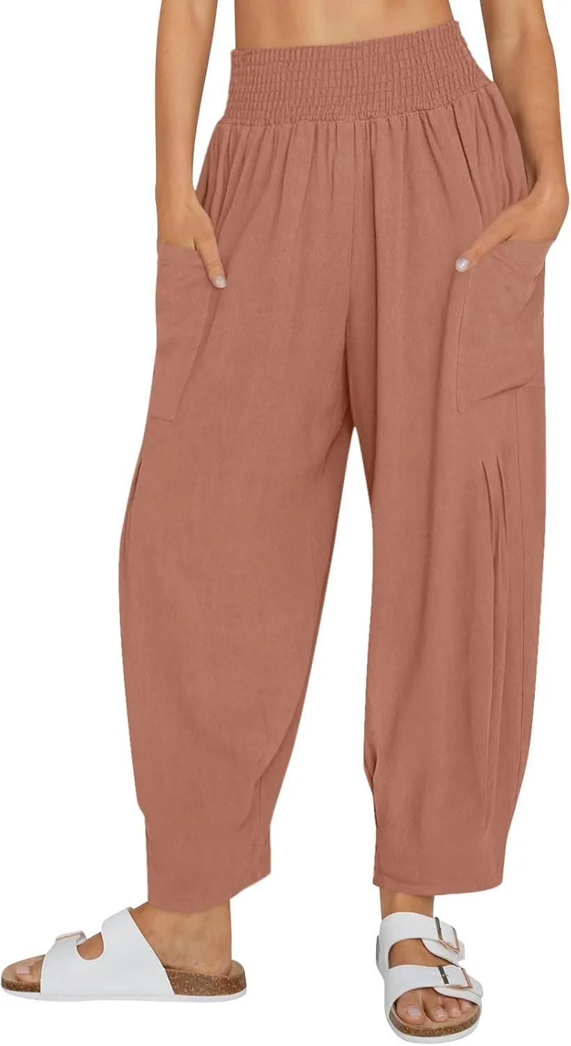 TANGNADE Womens Linen Pants with Pockets Summer Loose Elastic High Waisted Comfy Summer Trousers Baggy Pant