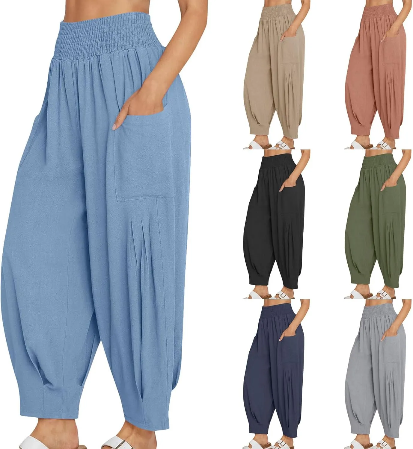 TANGNADE Womens Linen Pants with Pockets Summer Loose Elastic High Waisted Comfy Summer Trousers Baggy Pant