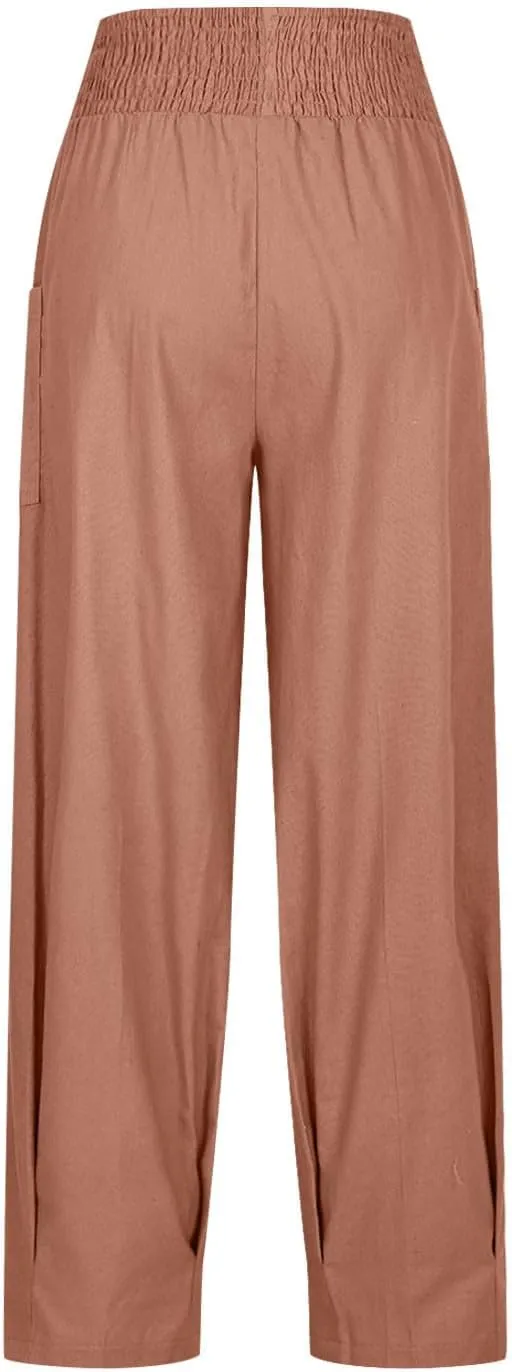 TANGNADE Womens Linen Pants with Pockets Summer Loose Elastic High Waisted Comfy Summer Trousers Baggy Pant
