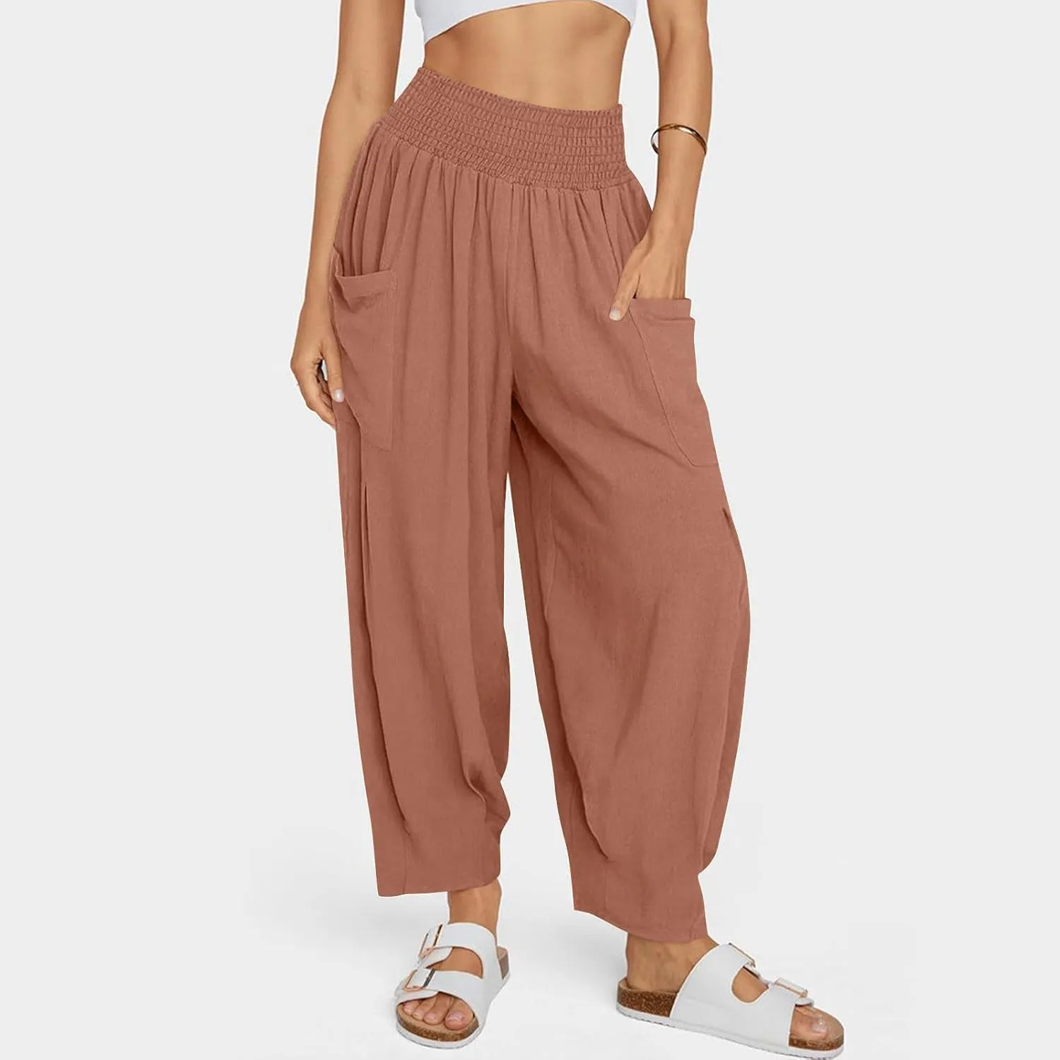 TANGNADE Womens Linen Pants with Pockets Summer Loose Elastic High Waisted Comfy Summer Trousers Baggy Pant