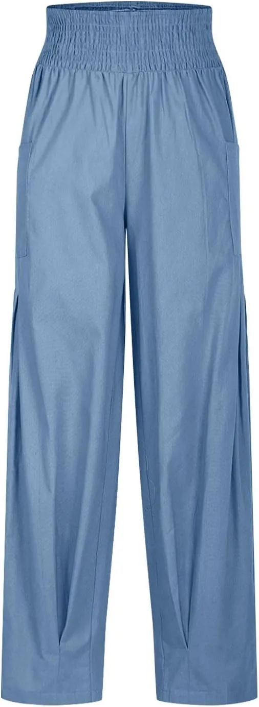 TANGNADE Womens Linen Pants with Pockets Summer Loose Elastic High Waisted Comfy Summer Trousers Baggy Pant