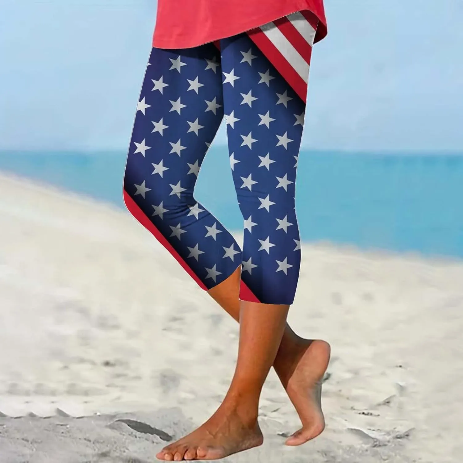 Ultra Soft Leggings for Women Women Capris Leggings Classic American Flag Print Yoga Running Pants Soft Tights Black