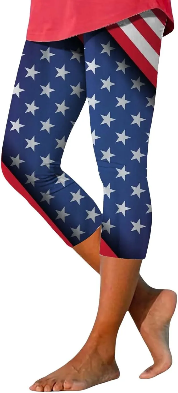 Ultra Soft Leggings for Women Women Capris Leggings Classic American Flag Print Yoga Running Pants Soft Tights Black