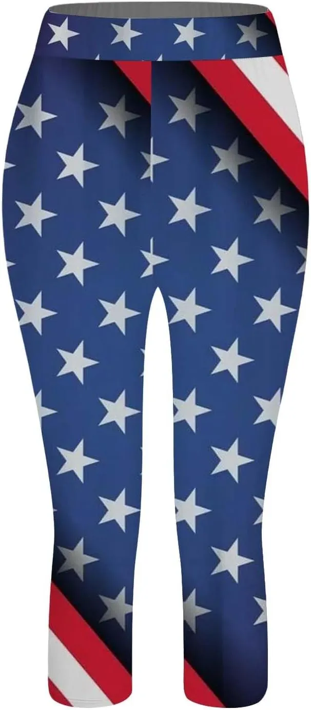 Ultra Soft Leggings for Women Women Capris Leggings Classic American Flag Print Yoga Running Pants Soft Tights Black