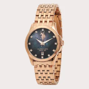 US POLO WOMEN'S STAINLESS STEEL BAND WITH ROSE GOLD PLATING & S.S. BUCKLE