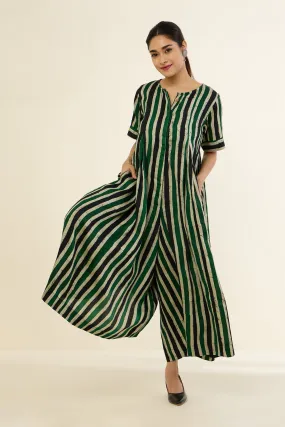 Vibrant Emerald Blue Stripes Jumpsuit with Pockets & Front Opening