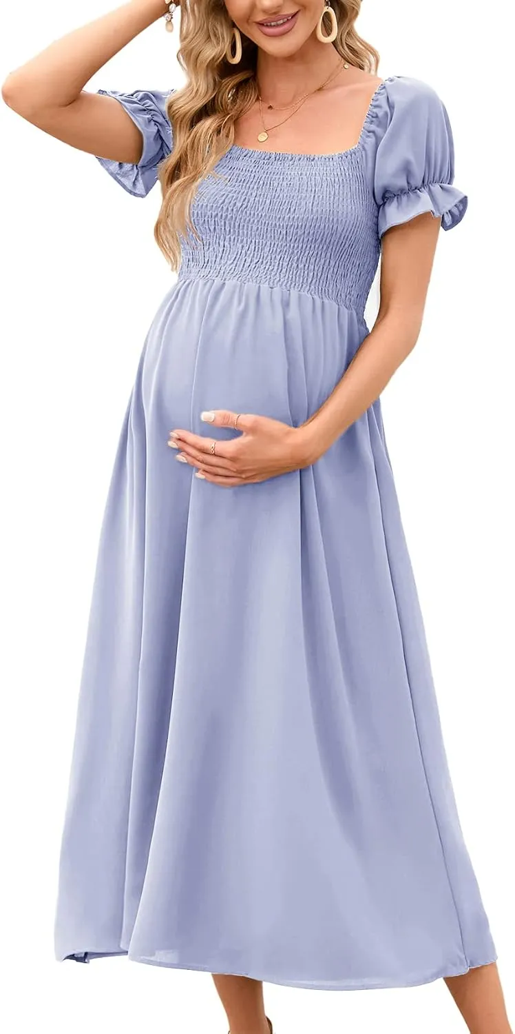 Women's 2023 Maternity Dress Summer Square Neck Smocked Long Dress Short Puff Sleeves Baby Shower Pregnancy, Light Blue, Medium