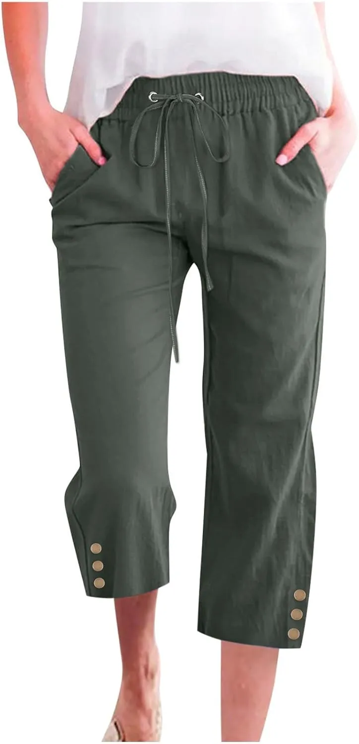 Womens Capris Linen Pants High Waist Drawstring Comfy Casual Pants Lounge Lightweight Loose Trousers with Pockets