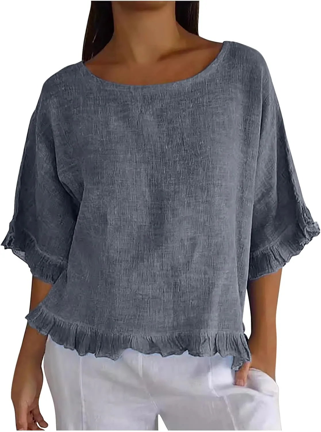 Women's Casual Ruffle 3/4 Sleeve Blouses Cotton Linen Tops Plus Size Summer Loose Fit Ruffled Hem Tunic Shirts