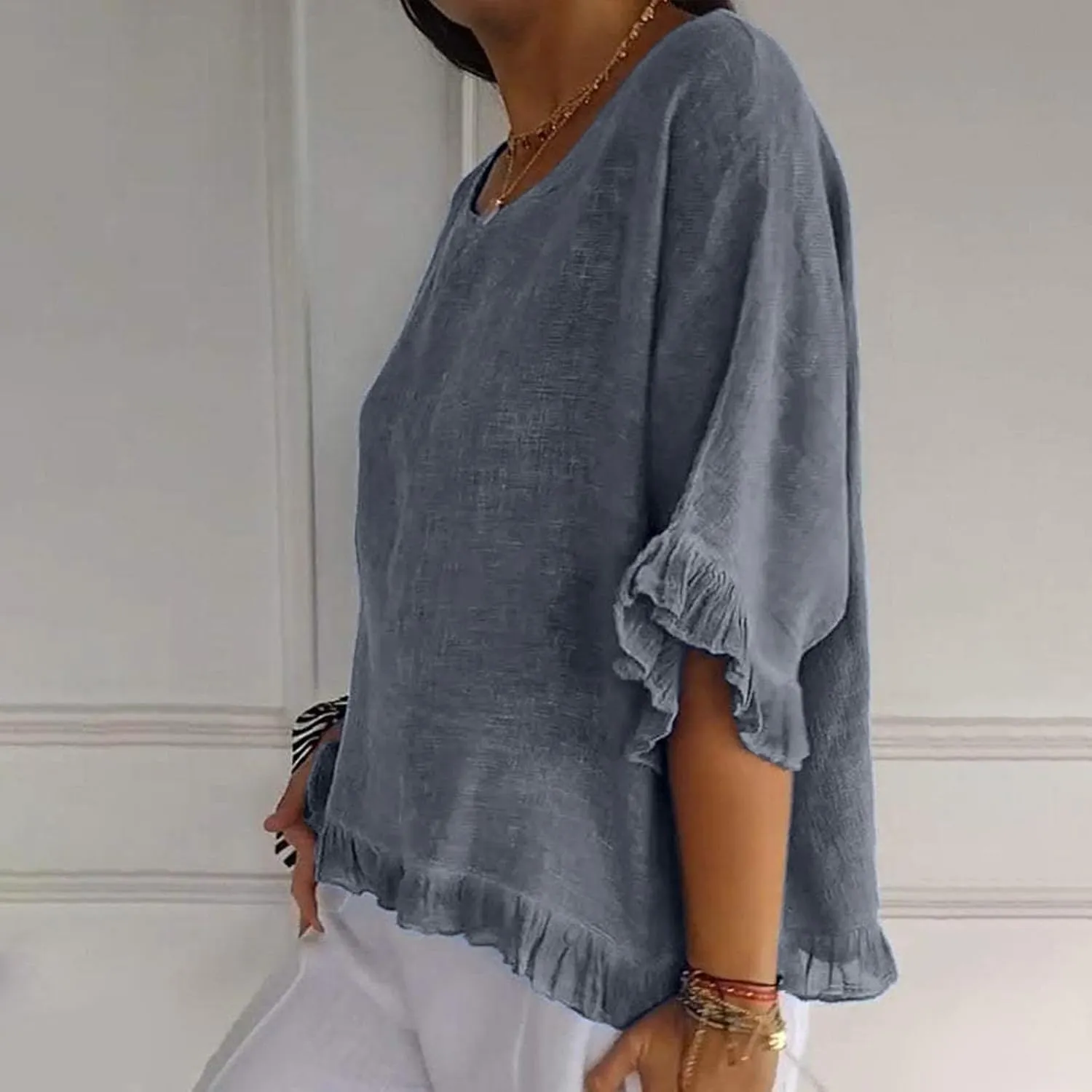 Women's Casual Ruffle 3/4 Sleeve Blouses Cotton Linen Tops Plus Size Summer Loose Fit Ruffled Hem Tunic Shirts
