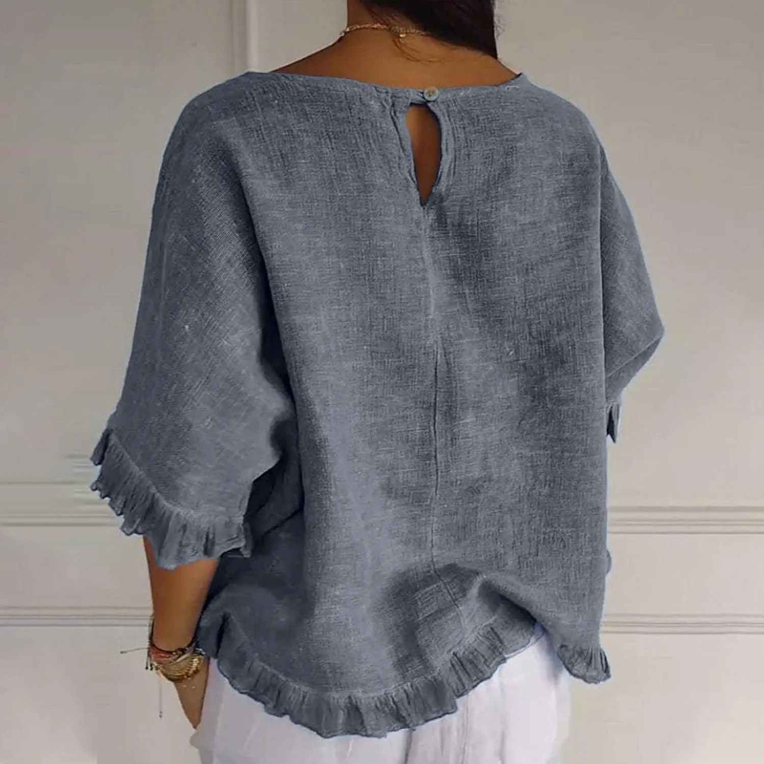 Women's Casual Ruffle 3/4 Sleeve Blouses Cotton Linen Tops Plus Size Summer Loose Fit Ruffled Hem Tunic Shirts
