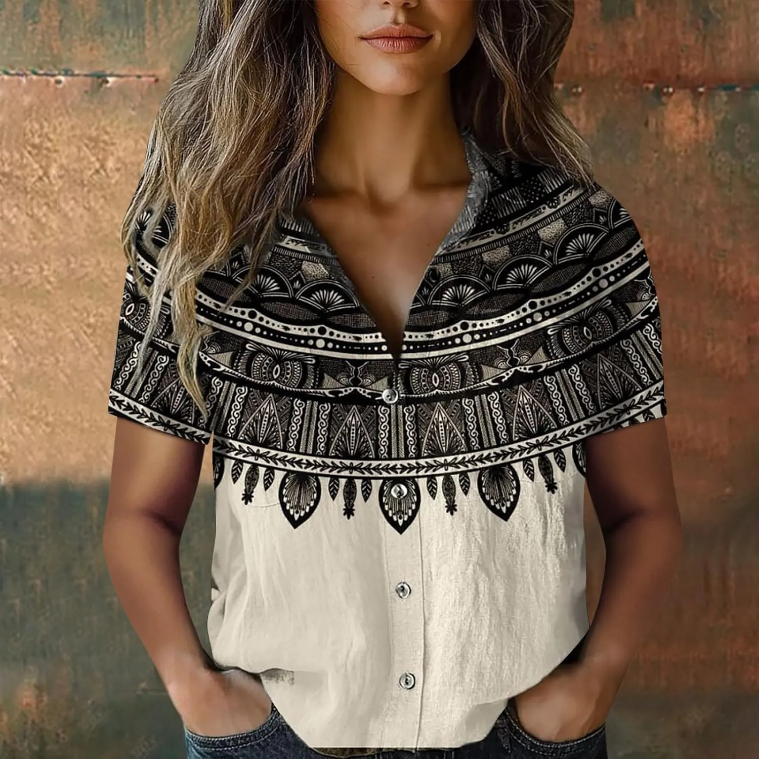 Women's Ethnic Shirts Floral Print Button Down Shirt Loose Fit Short Sleeve Linen Blouse Summer Boho Casual Tops