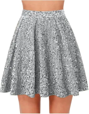 Women's Glitter Mini Skirt Fashion High Waist A-Line Flared Short Skirts Pleated Solid Color Party Skirt