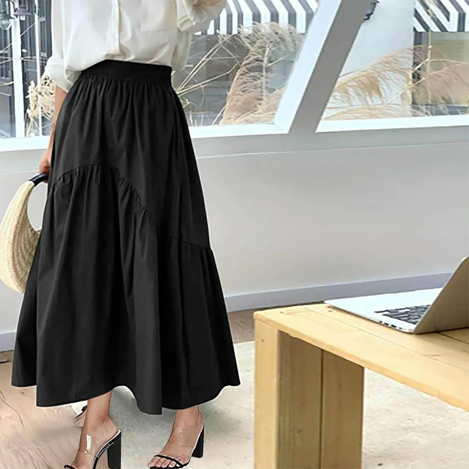Womens High Waist Beach Skirts 2025 Boho Vacation Long Skirt Flowy Ruffle Pleated Bohemian Skirt Cruise Outfits